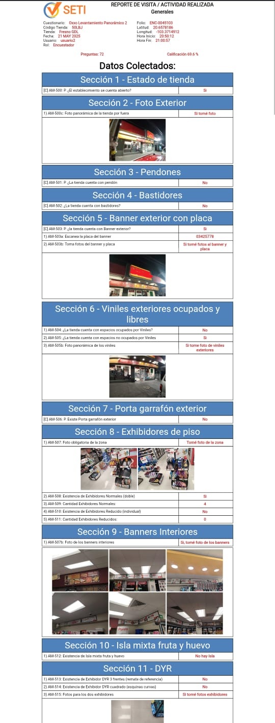 Secciones de un reporte de visita generado por SETI, con respuestas y fotos