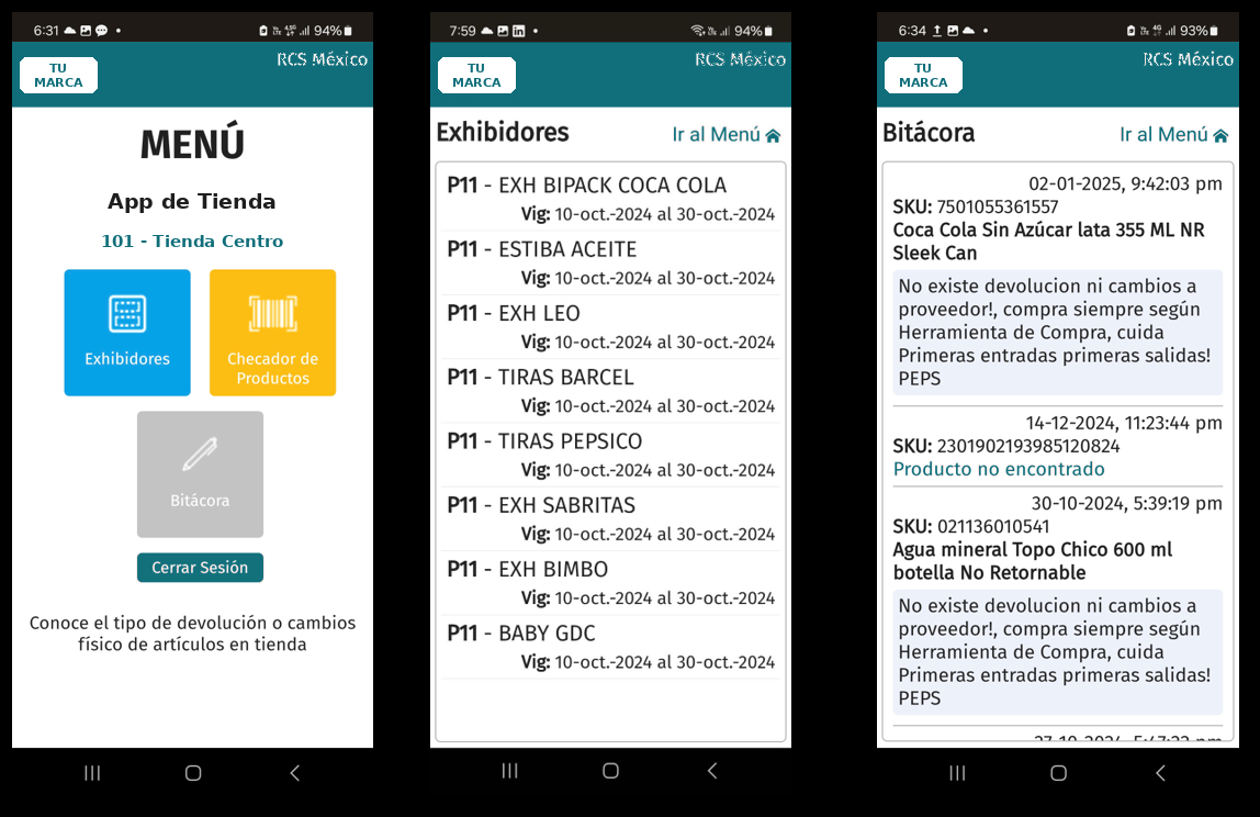 Pantallas de la app para empleados de tienda: menú, exhibidores del mes y bitácora de productos escaneados