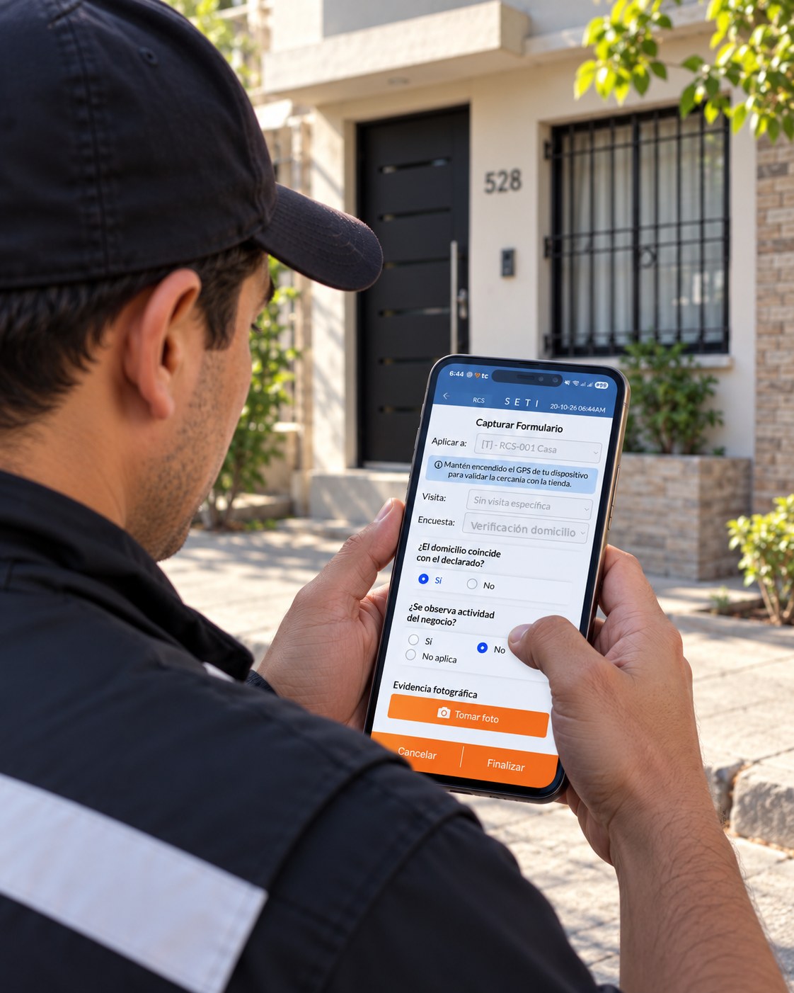 Verificador frente a un domicilio llenando en SETI el cuestionario de verificación: domicilio, actividad del negocio y evidencia fotográfica