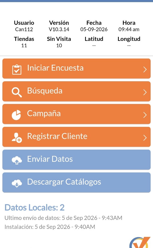Menú principal de la app SETI con envío de datos y datos guardados en el celular